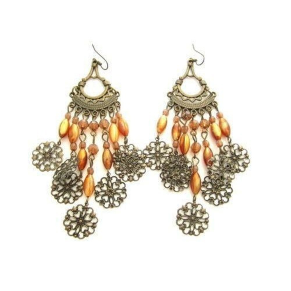 Orange Yellow Faux Pearl Long Filigree Chandelier Style Dangle‎ Earrings